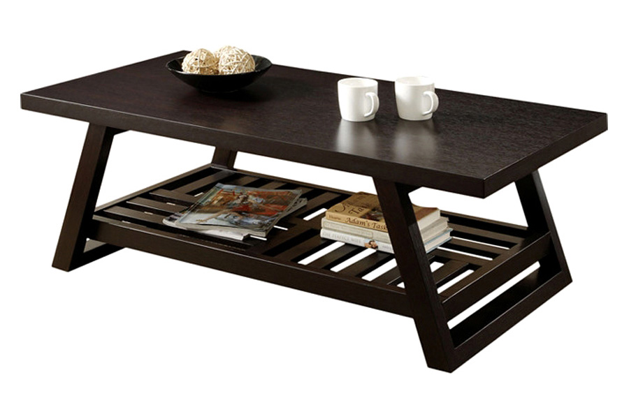 FaFurn Contemporary Coffee Table with Slatted Bottom Shelf in Rich Brown