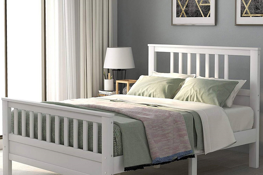 FaFurn Pine Wood Slatted Platform Headboard Footboard Full Size Bed - White