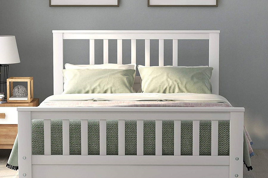 FaFurn Pine Wood Slatted Platform Headboard Footboard Full Size Bed - White