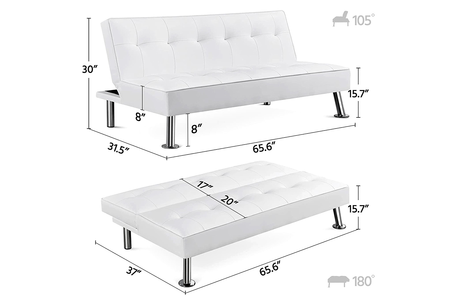 FaFurn Faux Leather Click Clack Adjustable Futon Sleeper Sofa - White