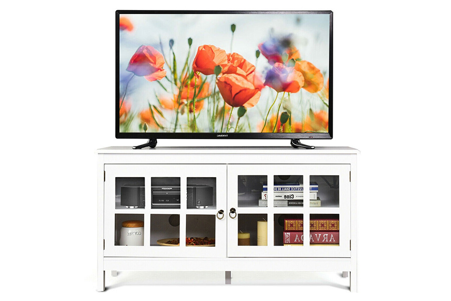 FaFurn Wood Entertainment Center TV Stand with Glass Panel Doors - White