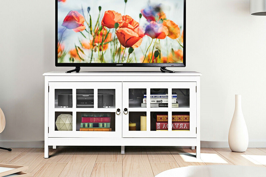 FaFurn Wood Entertainment Center TV Stand with Glass Panel Doors - White