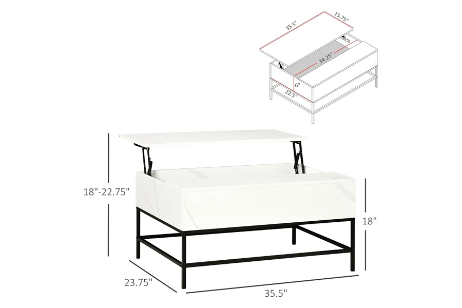 FaFurn™ Modern Lift Top Coffee Table W/ Hidden Storage Black Metal Legs - White/Black