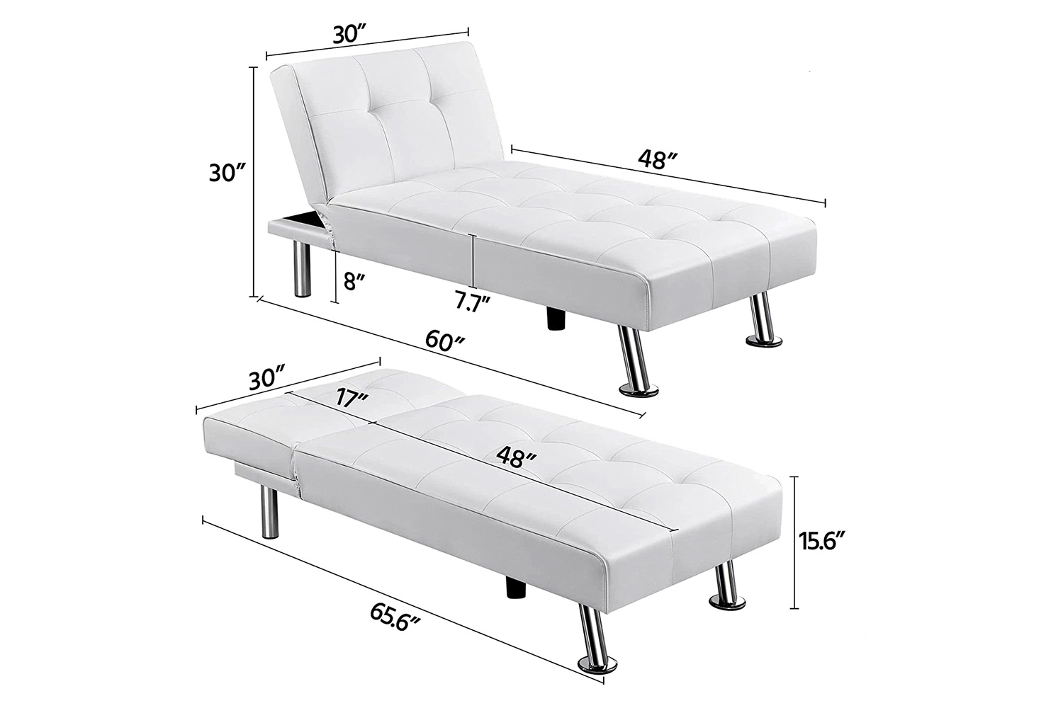 FaFurn™ Modern Faux Leather Chaise Lounge Recliner Sleeper Sofa - White