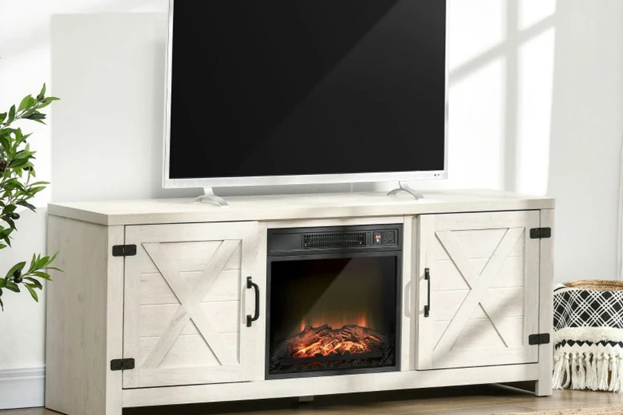 FaFurn - Rustic White Electric Fireplace Mantel Storage TV Stand Fits Up To 60 Inches with Remote Control