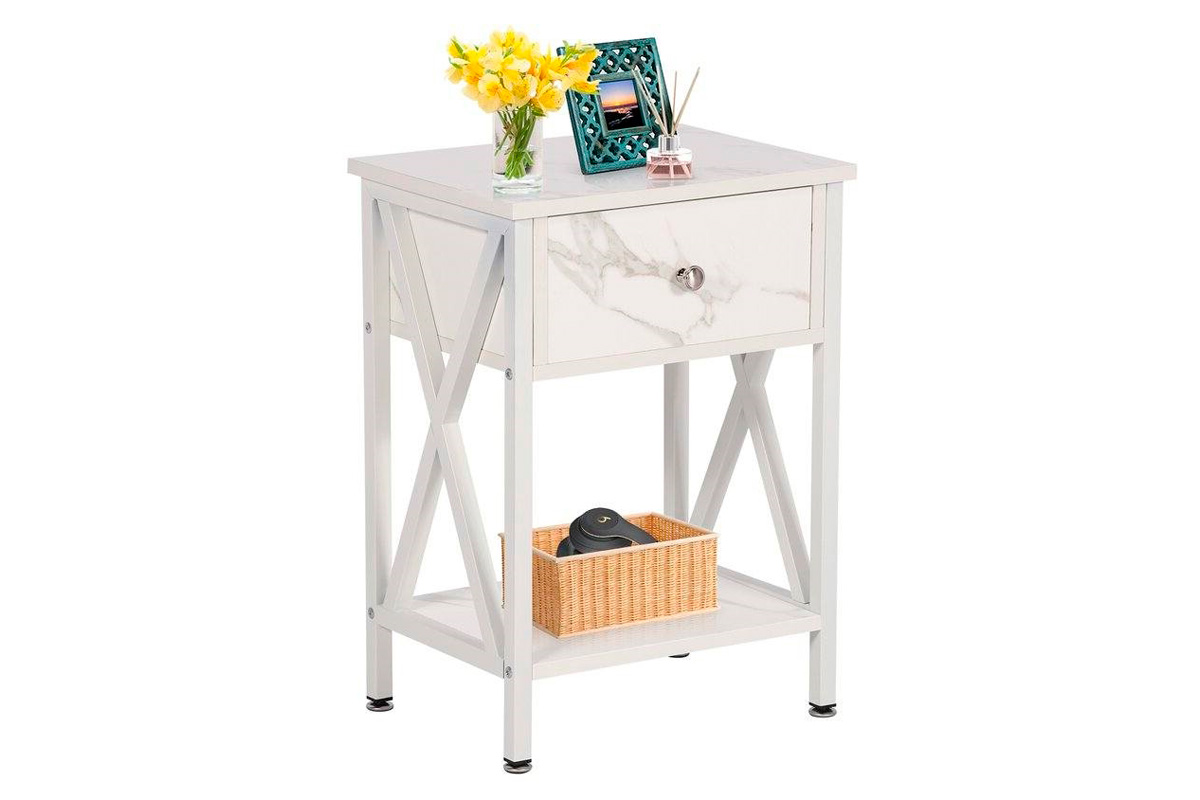 FaFurn™ Set of 2 Rustic End Table with 1 Drawer - White, Metal/MDF