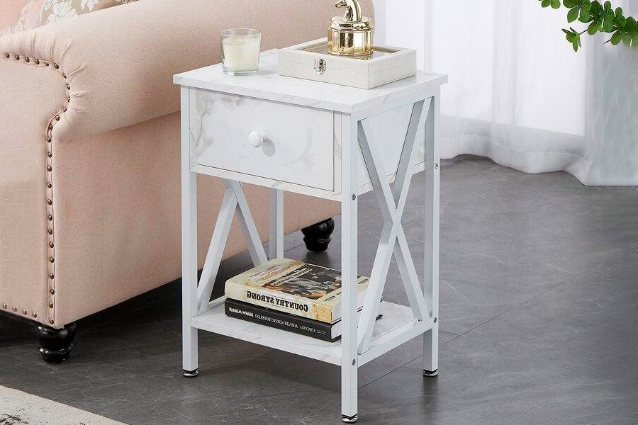 FaFurn™ Set of 2 Rustic End Table with 1 Drawer - White, Metal/MDF