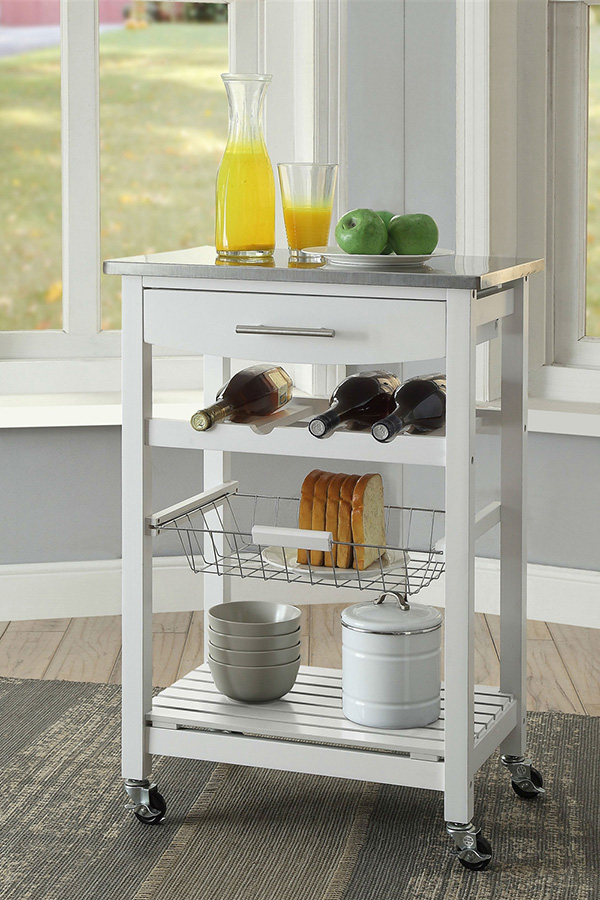 FaFurn - Stainless Steel Top White Wood Kitchen Island Storage Cart