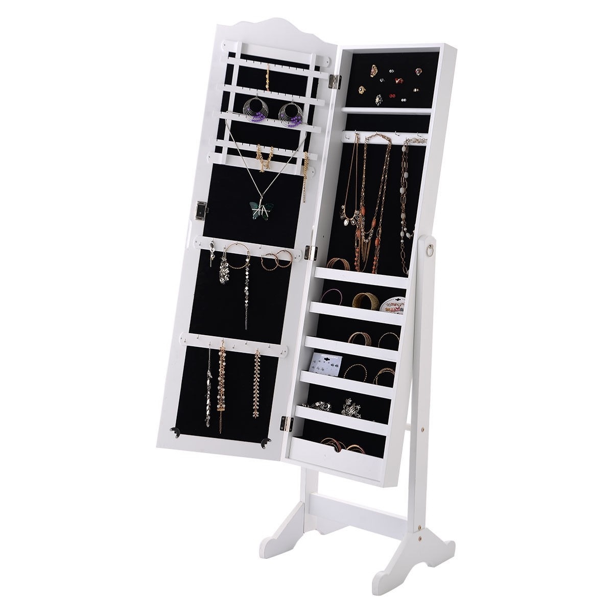 FaFurn - Locking Jewelry Armoire Cabinet with Mirror in White, Wood