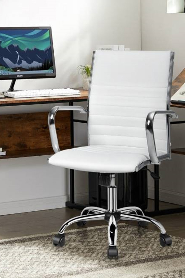 FaFurn Faux Leather High Back Modern Classic Office Chair with Armrests - White/Chrome