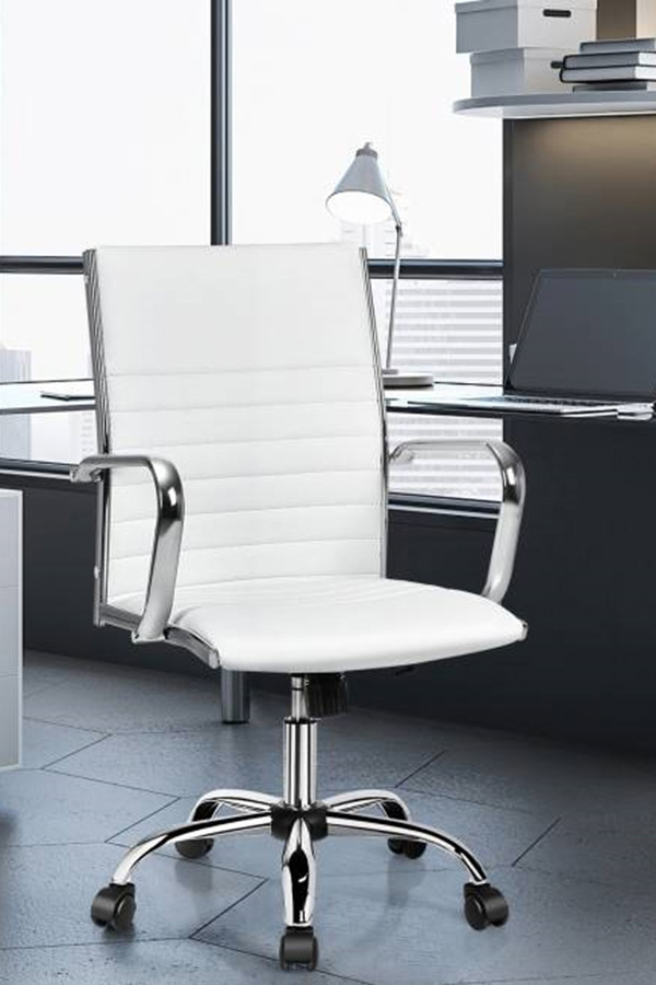 FaFurn Faux Leather High Back Modern Classic Office Chair with Armrests - White/Chrome