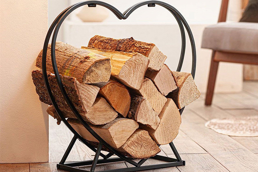 FaFurn Indoor Outdoor Black Metal Heart Shaped Firewood Holder Log Rack