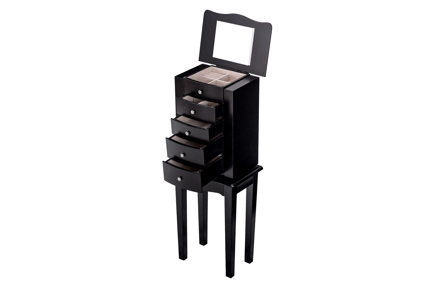 FaFurn - Black Wood 5-Drawer Jewelry Chest Storage Chest Cabinet with Mirror