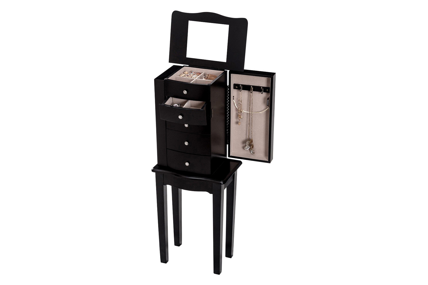 FaFurn - Black Wood 5-Drawer Jewelry Chest Storage Chest Cabinet with Mirror