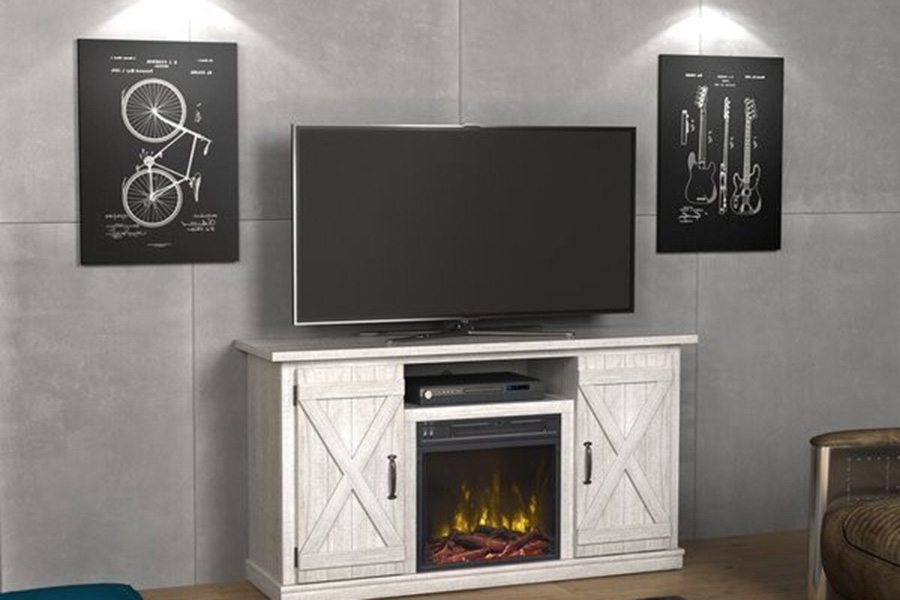 FaFurn Farmhouse TV Entertainment Electric Fireplace - Rustic Washed Oak