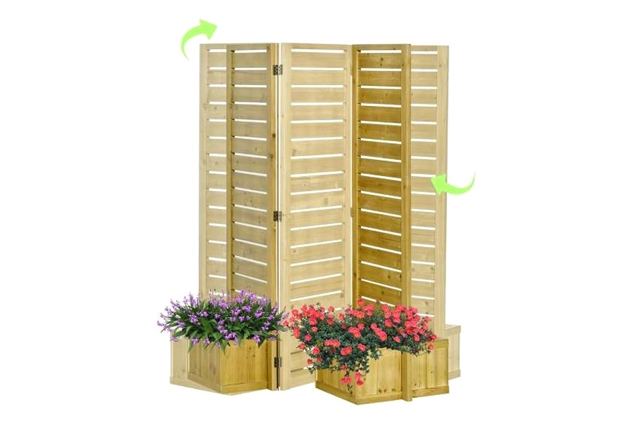 FaFurn - 3 Panel Fir Wood Outdoor Privacy Screen with 4 Garden Bed Planters