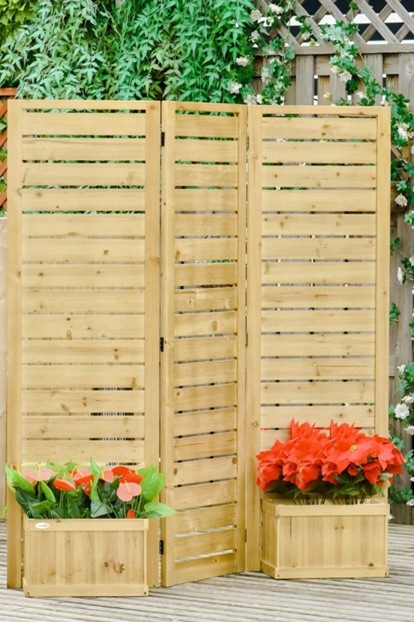 FaFurn - 3 Panel Fir Wood Outdoor Privacy Screen with 4 Garden Bed Planters