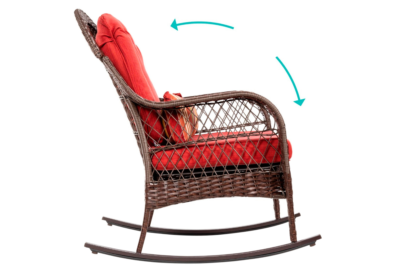 FaFurn - Outdoor Patio Rocking Chair with Red Cushions and Accent Pillow in Brown, Wicker/Steel/Fabric