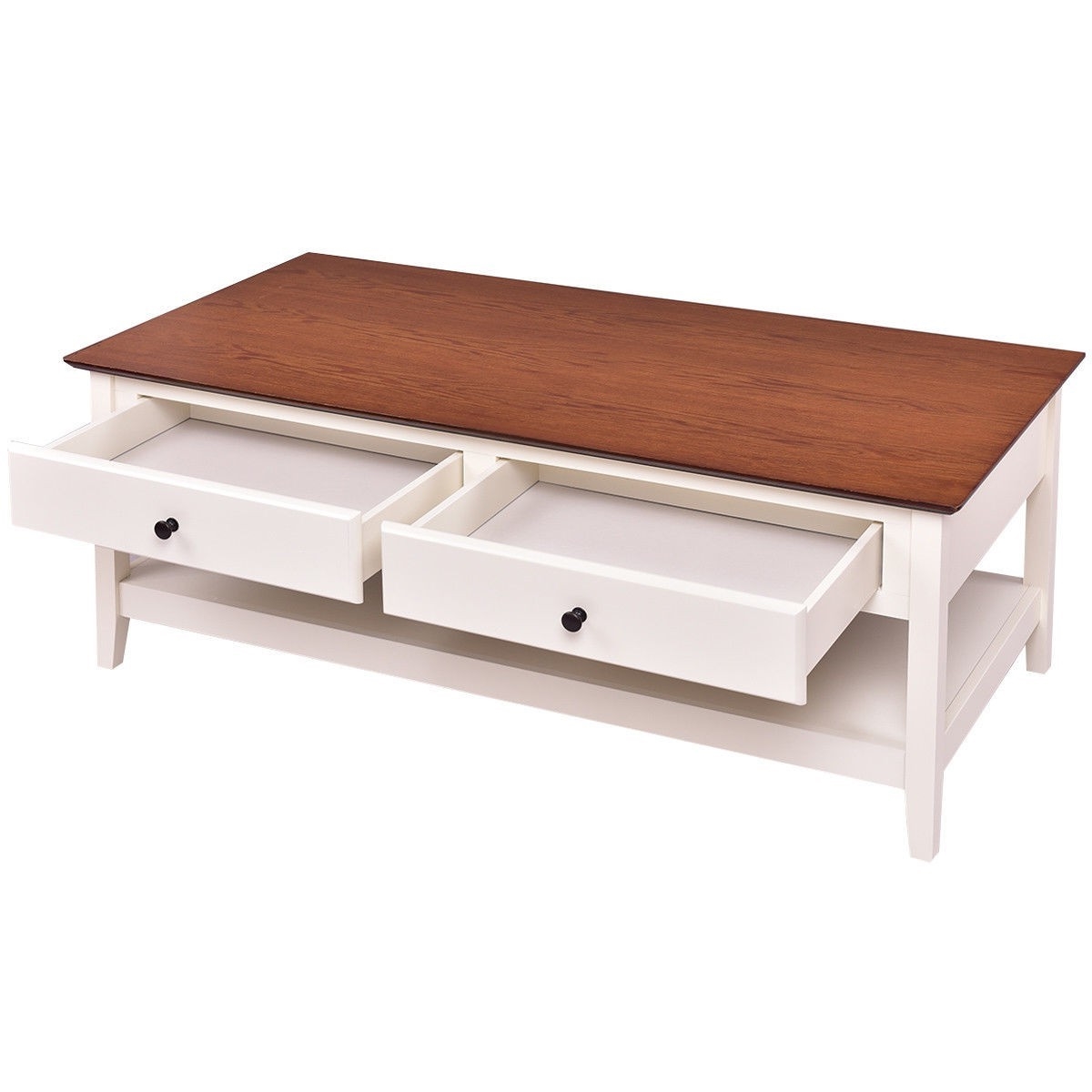 FaFurn™ Coffee Table with 2 Storage Drawers and Bottom Shelf - White, Wood