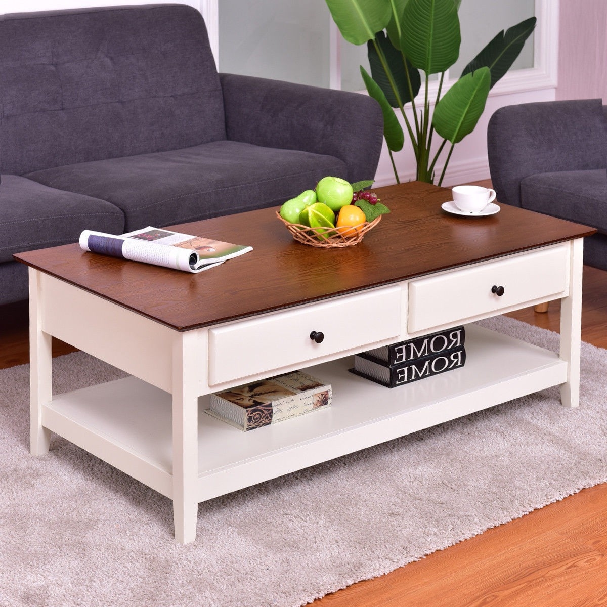 FaFurn™ Coffee Table with 2 Storage Drawers and Bottom Shelf - White, Wood