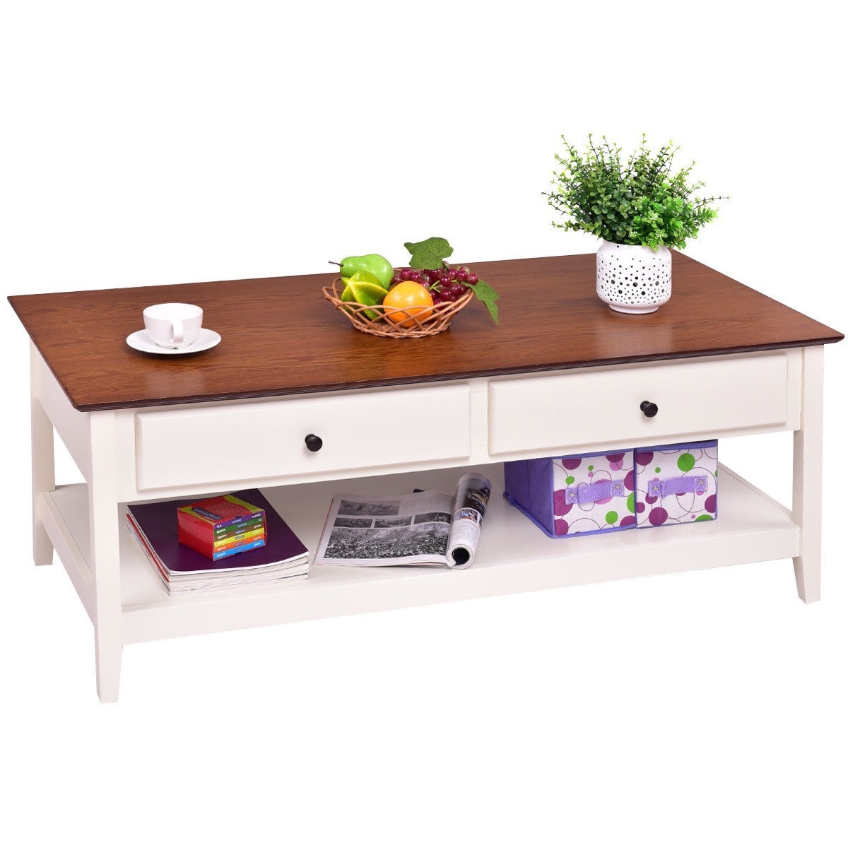 FaFurn™ Coffee Table with 2 Storage Drawers and Bottom Shelf - White, Wood