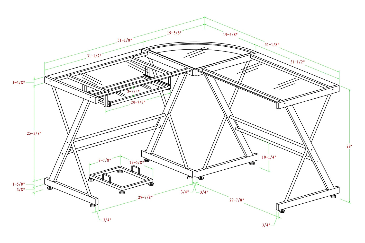 FaFurn - Modern Corner Computer Desk in Metal and Glass