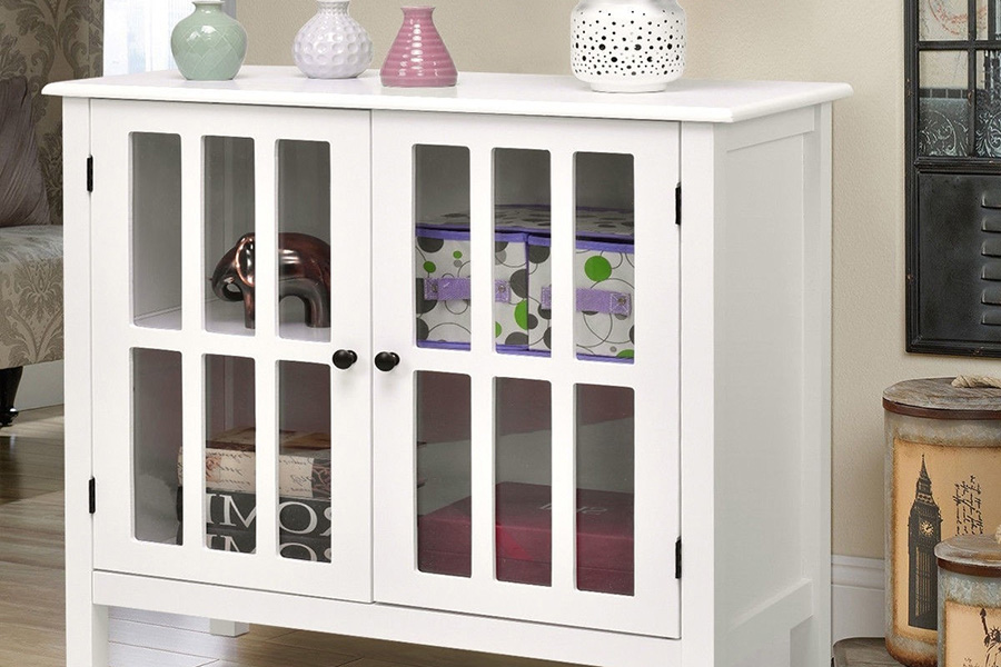 FaFurn Wood Sideboard Buffet Cabinet with Glass Panel Doors - White