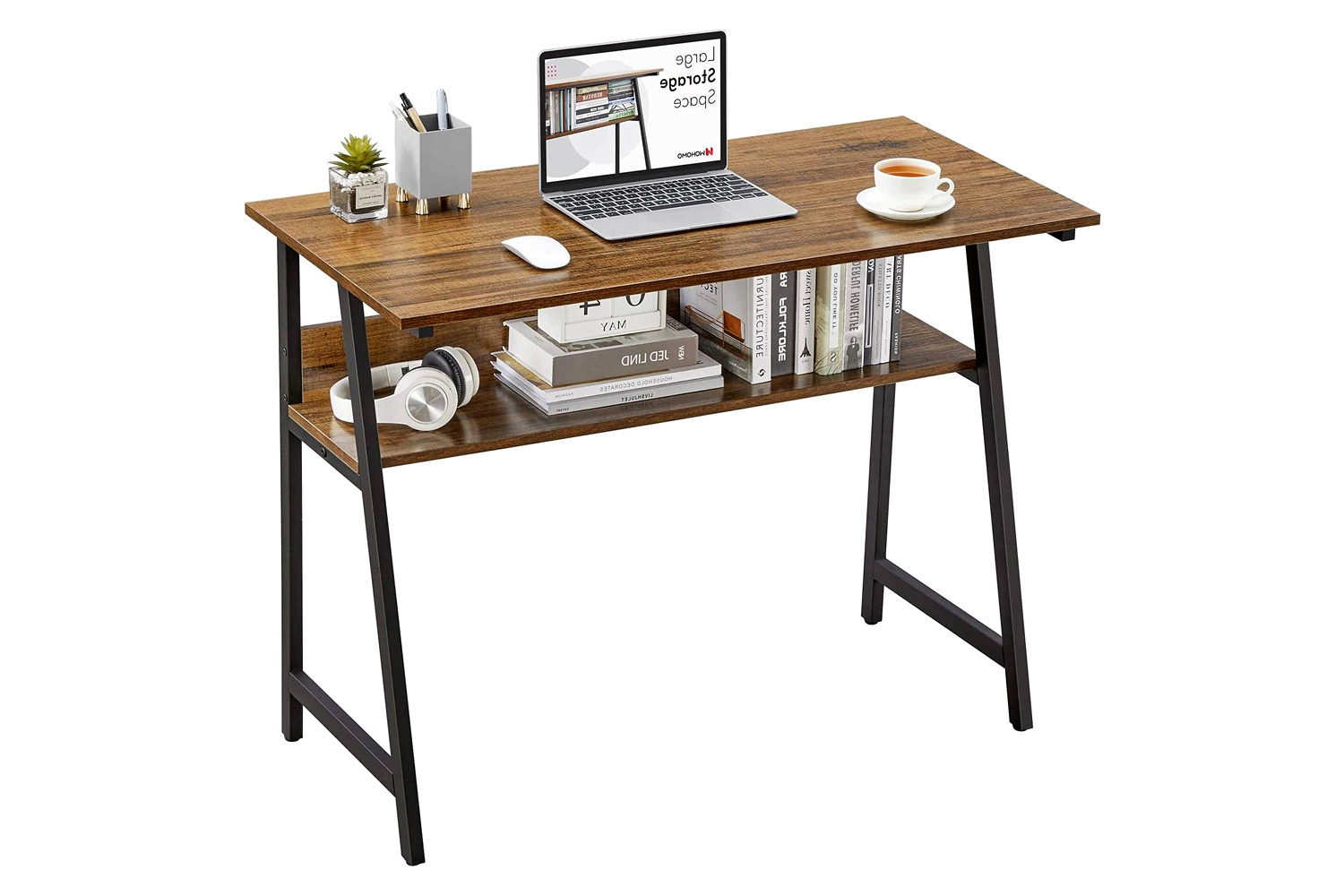 FaFurn - 39-Inch Home Office Laptop Computer Desk Table Black Metal Wood Top with Shelf