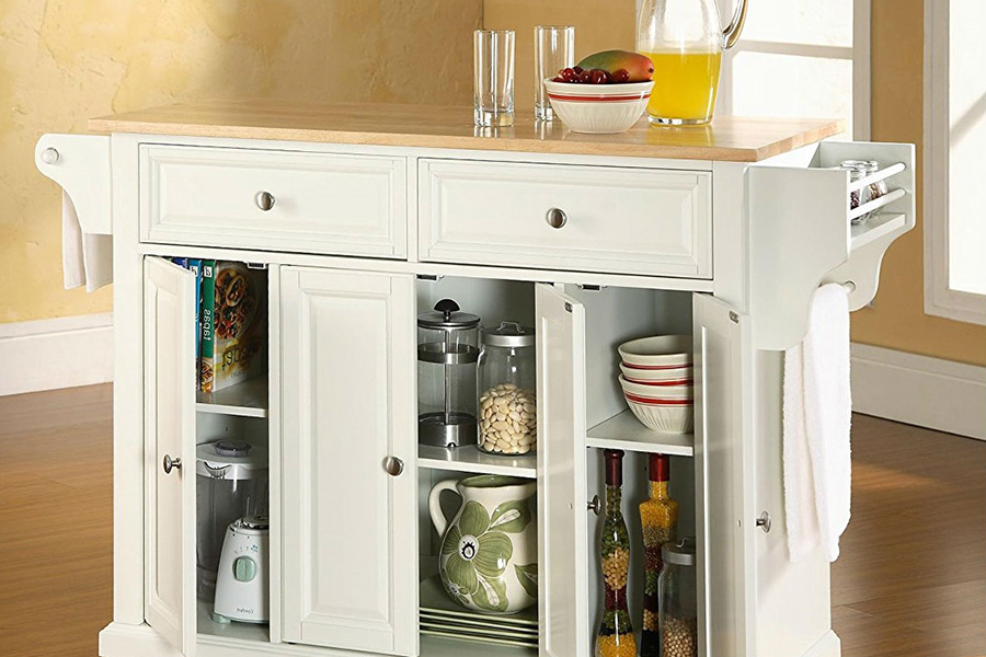 FaFurn - White Kitchen Island Storage Cabinet with Solid Wood Top