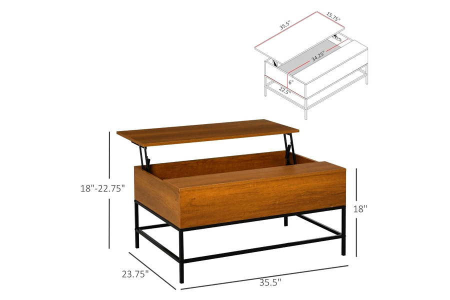 FaFurn - Traditional Farmhouse Brown Lift Top Coffee Table W/ Hidden Storage Black Metal Legs