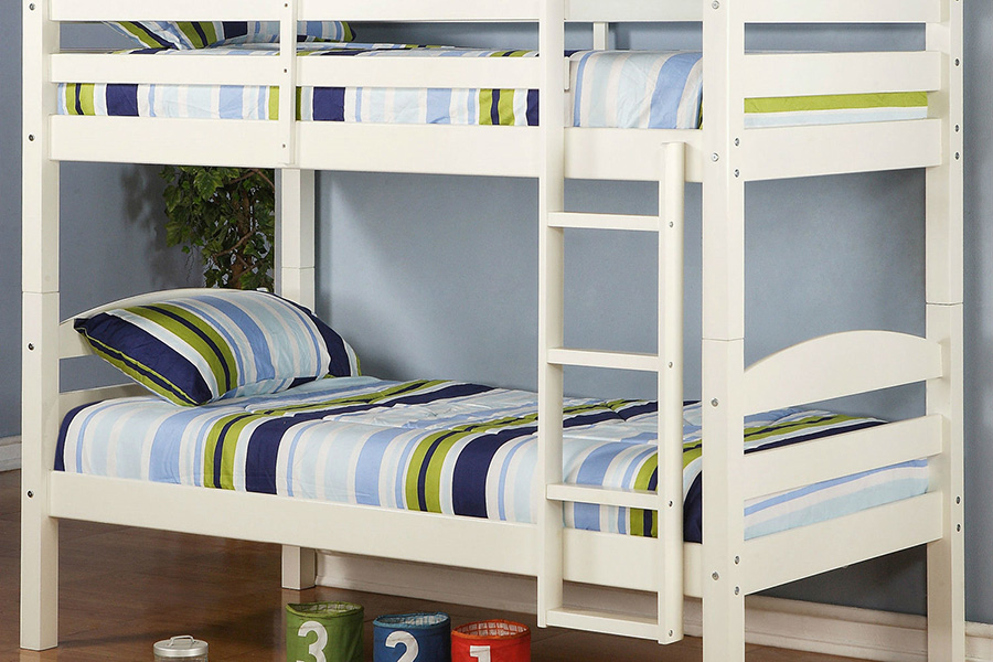 FaFurn - White Wood Twin Over Twin Bunk Bed with Ladder and Guardrail