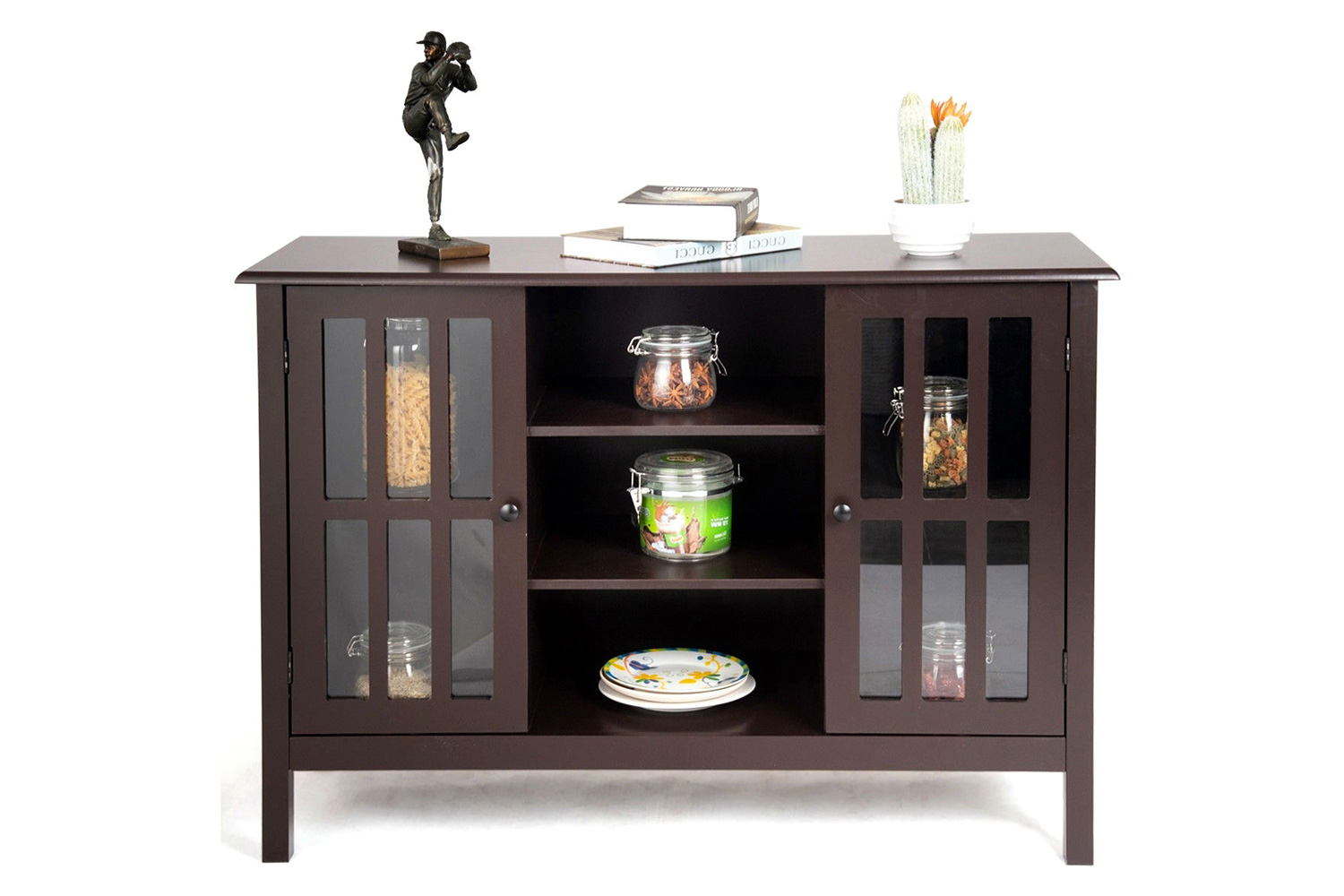 FaFurn - Wood Sofa Table Console Cabinet with Tempered Glass Panel Doors