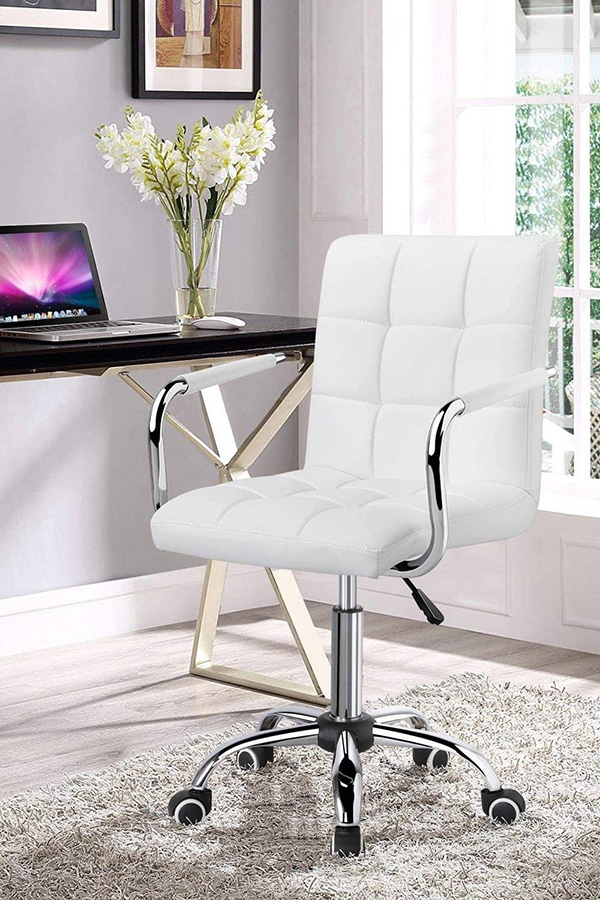 FaFurn Modern Faux Leather Mid-Back Office Chair with Armrests and Wheels - White/Chrome