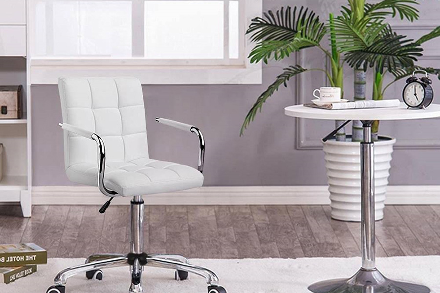 FaFurn Modern Faux Leather Mid-Back Office Chair with Armrests and Wheels - White/Chrome