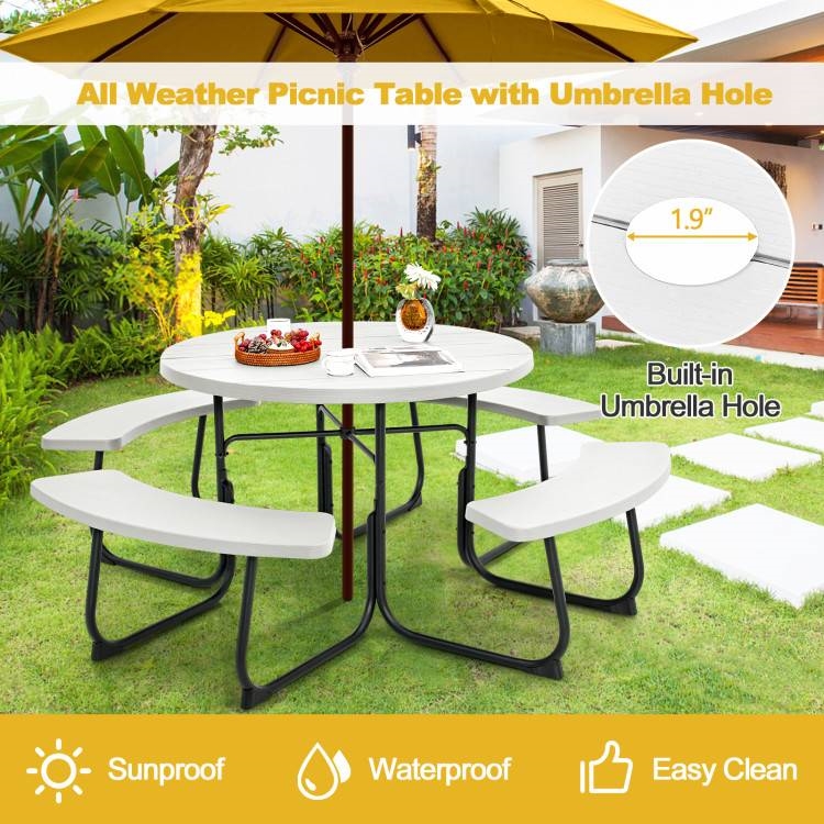 FaFurn 8 Seater Picnic Table with Umbrella Hole - White, Metal/HDPE