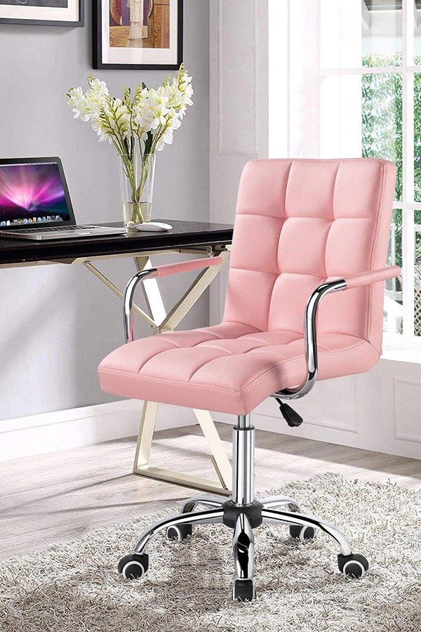 FaFurn Modern Faux Leather Mid-Back Office Chair with Armrests and Wheels - Pink/Chrome