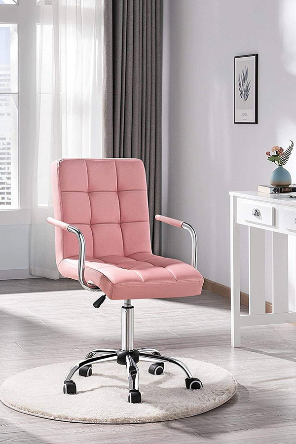 FaFurn Modern Faux Leather Mid-Back Office Chair with Armrests and Wheels - Pink/Chrome