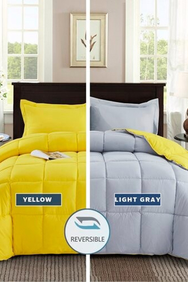 FaFurn Traditional Microfiber Reversible 3 Piece Comforter Set - Yellow/Light Gray, Full/Queen Size