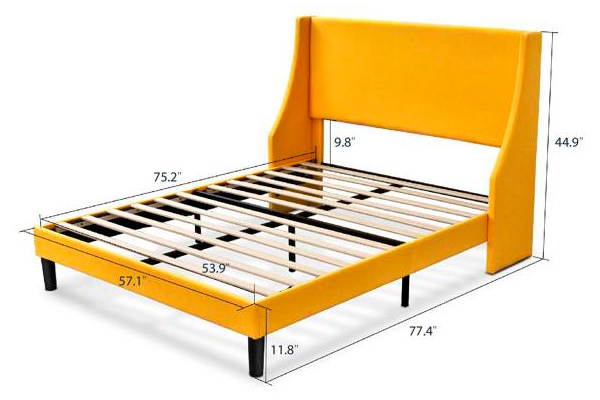 FaFurn Full Size Platform Bed with Wingback Headboard - Yellow, Fabric