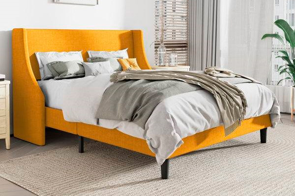 FaFurn King Size Platform Bed with Headboard Wingback - Yellow, Fabric