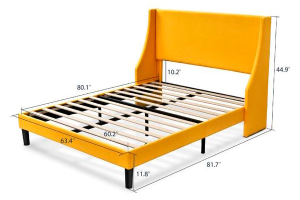 FaFurn Queen Size Platform Bed with Wingback Headboard - Yellow, Fabric