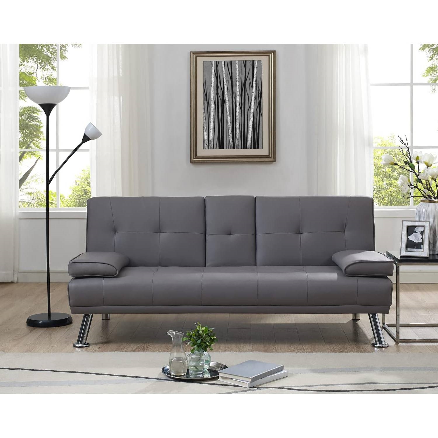 FaFurn - Modern Sofa-Bed with Cup Holder in Gray, Faux Leather