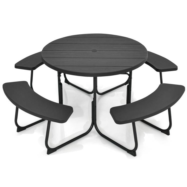 FaFurn 8 Seater Picnic Table with Umbrella Hole - Black, Metal/HDPE