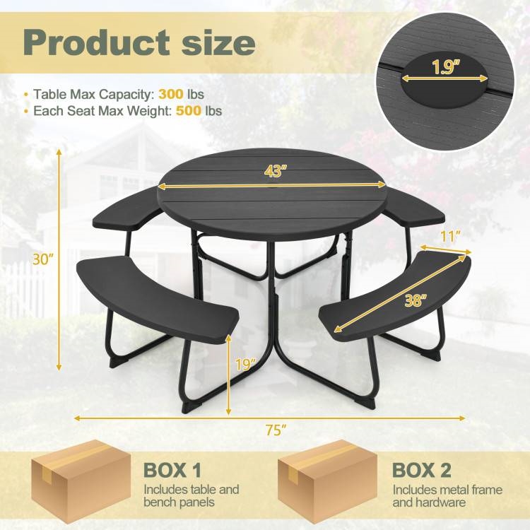 FaFurn 8 Seater Picnic Table with Umbrella Hole - Black, Metal/HDPE