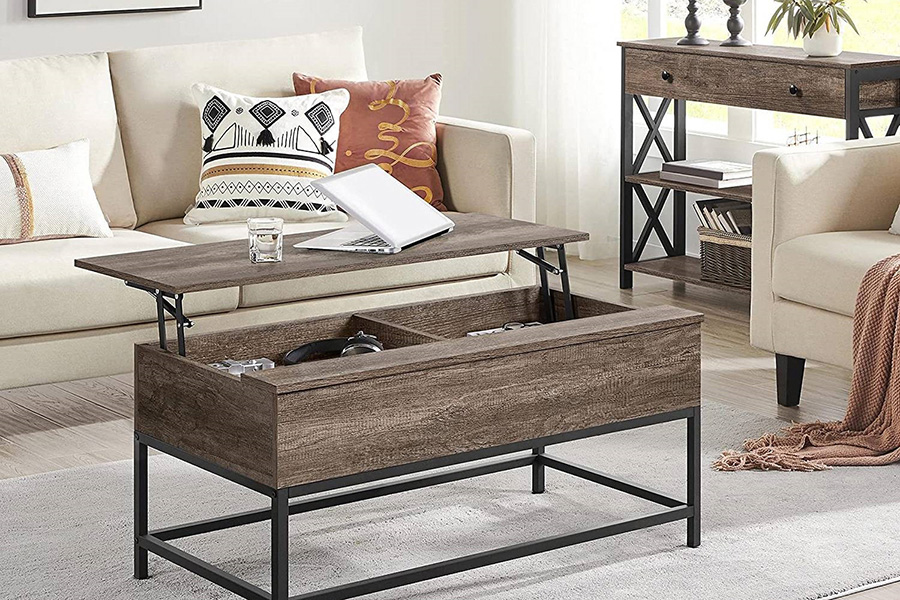 FaFurn™ Modern Metal Wood Lift-Top Coffee Table Laptop Desk - Rustic Taupe