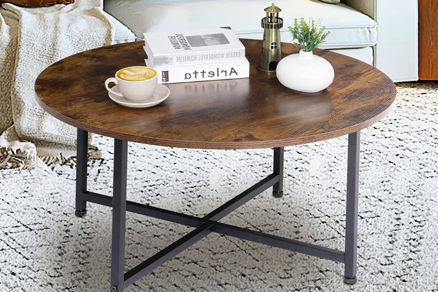 FaFurn™ - Modern Round Industrial Coffee Table with Rustic Brown Wood Top