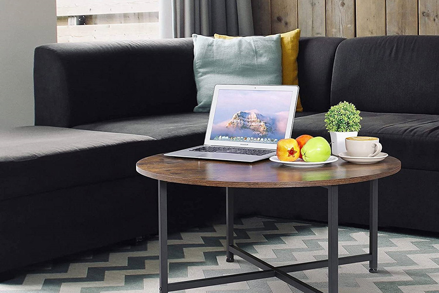 FaFurn™ - Modern Round Industrial Coffee Table with Rustic Brown Wood Top