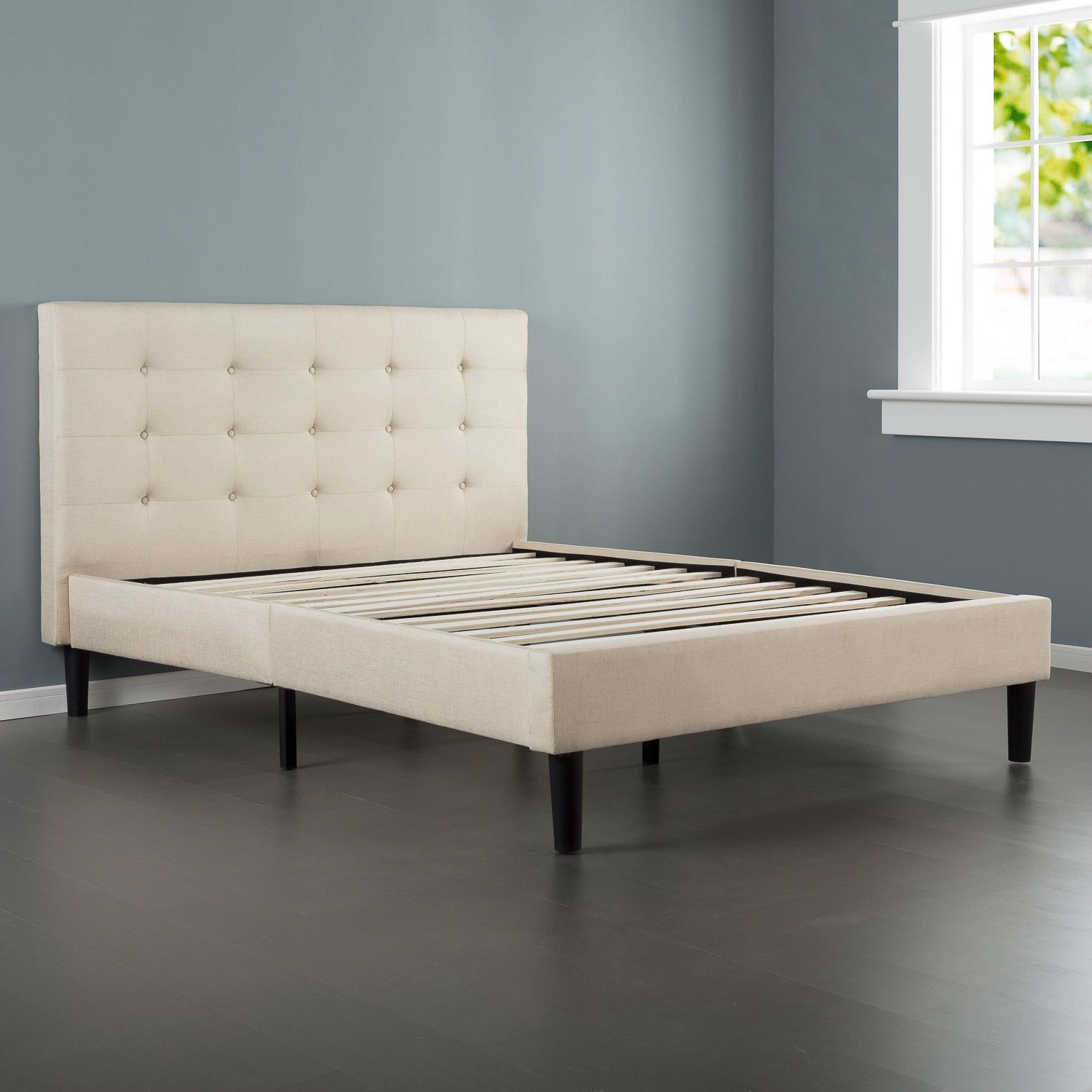 FaFurn - Twin Size Platform Bed Frame with Tufted Headboard in Taupe