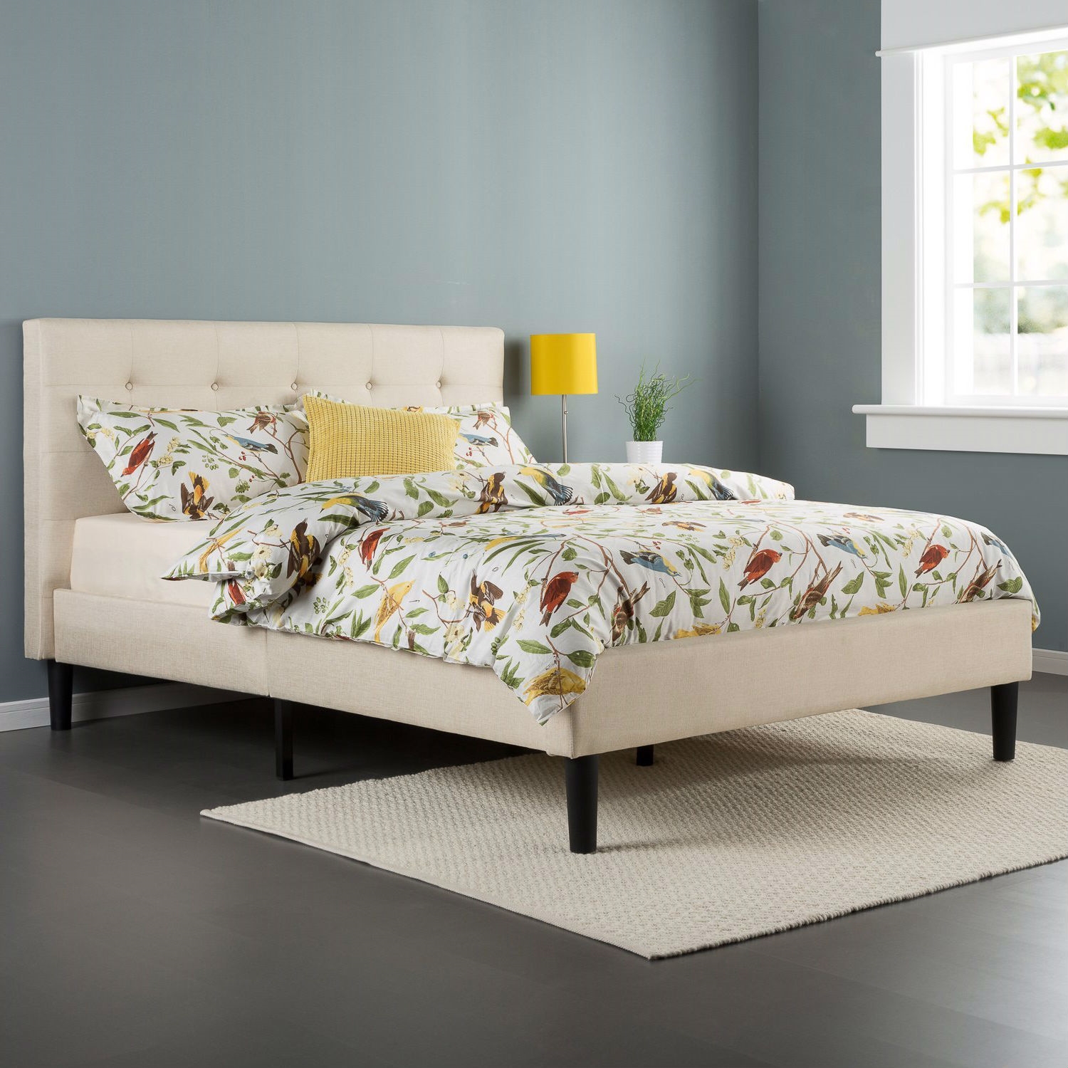 FaFurn - Twin Size Platform Bed Frame with Tufted Headboard in Taupe