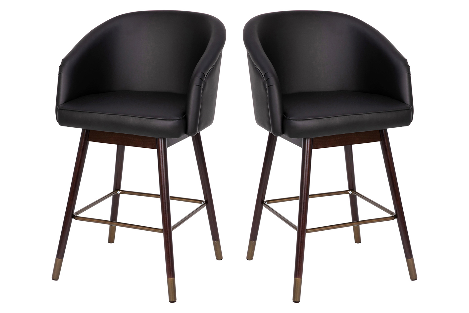 BLNK Margo Commercial LeatherSoft Mid-Back Modern Counter Stool with Walnut Finish Beechwood Legs and Contoured Back Set of 2 - Black